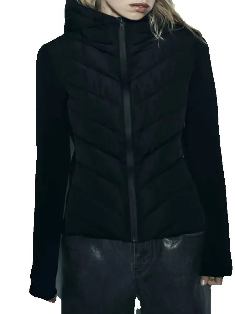 2026 Autumn Winter Women's Elegant Patchwork Hooded Cotton Padded Jackets Lady Vintage Quilted Zipper Slim Sports Parka Coats