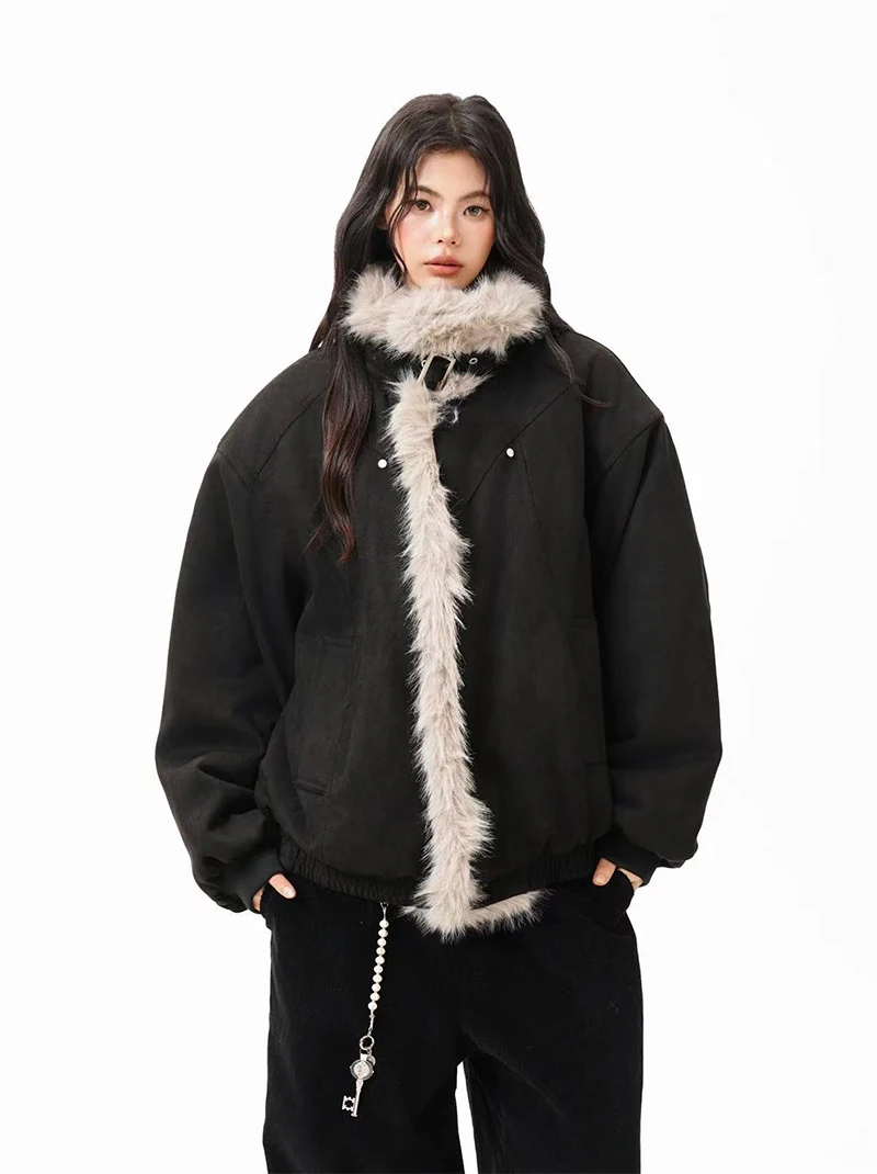 Winter Fur Collar Parkas Women Y2K American Loose Streetwear Fleece Coats Bf Harajuku Single Breasted Warm Outwear New