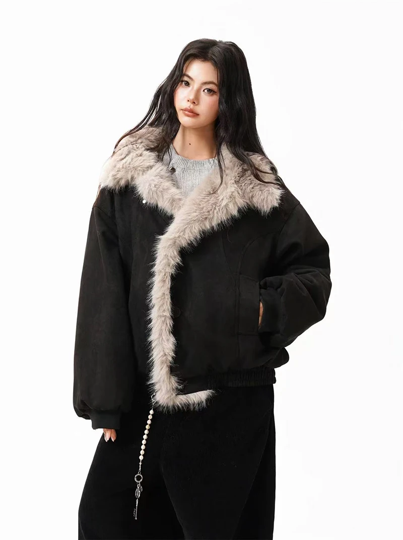 Winter Fur Collar Parkas Women Y2K American Loose Streetwear Fleece Coats Bf Harajuku Single Breasted Warm Outwear New