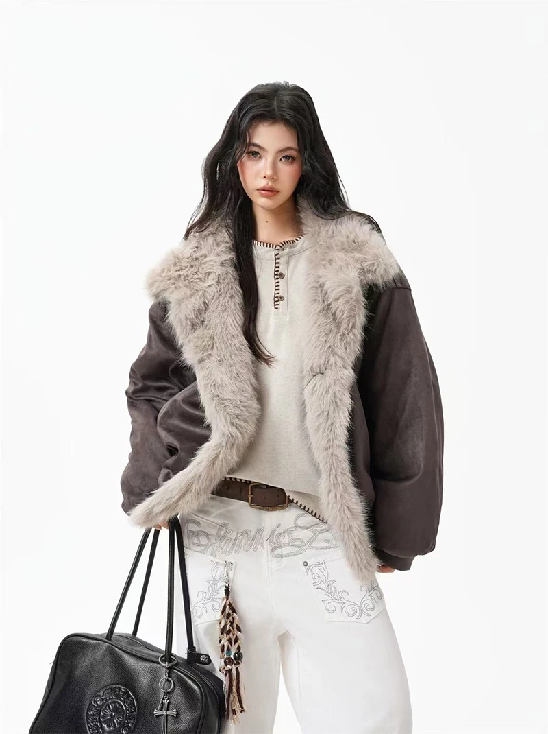 Winter Fur Collar Parkas Women Y2K American Loose Streetwear Fleece Coats Bf Harajuku Single Breasted Warm Outwear New