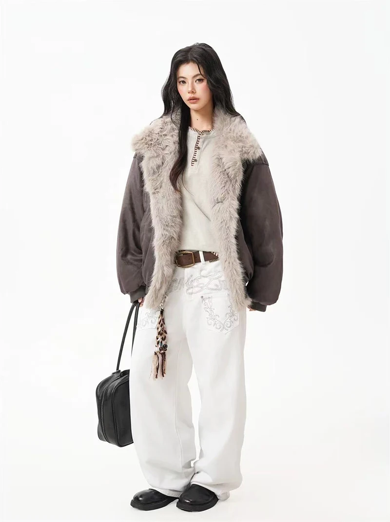 Winter Fur Collar Parkas Women Y2K American Loose Streetwear Fleece Coats Bf Harajuku Single Breasted Warm Outwear New