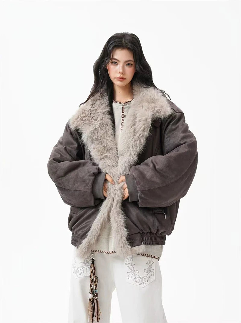 Winter Fur Collar Parkas Women Y2K American Loose Streetwear Fleece Coats Bf Harajuku Single Breasted Warm Outwear New