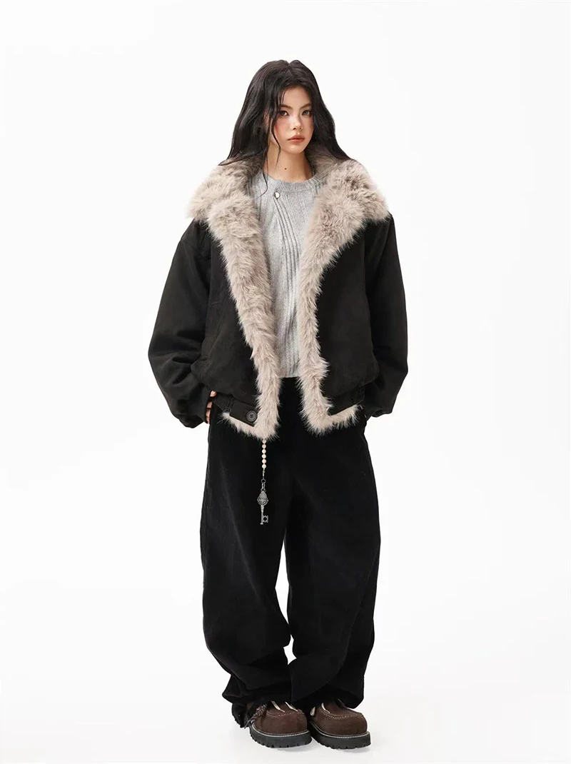 Winter Fur Collar Parkas Women Y2K American Loose Streetwear Fleece Coats Bf Harajuku Single Breasted Warm Outwear New