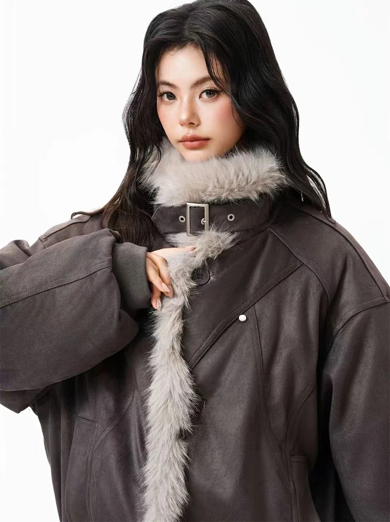Winter Fur Collar Parkas Women Y2K American Loose Streetwear Fleece Coats Bf Harajuku Single Breasted Warm Outwear New