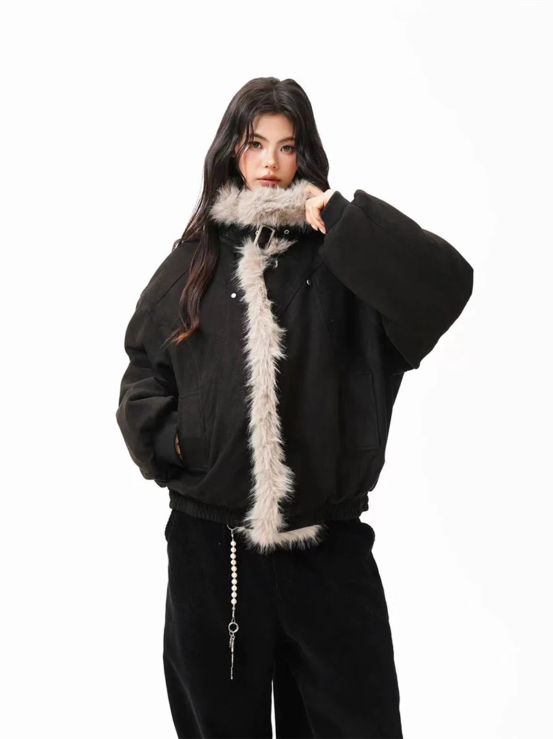 Winter Fur Collar Parkas Women Y2K American Loose Streetwear Fleece Coats Bf Harajuku Single Breasted Warm Outwear New