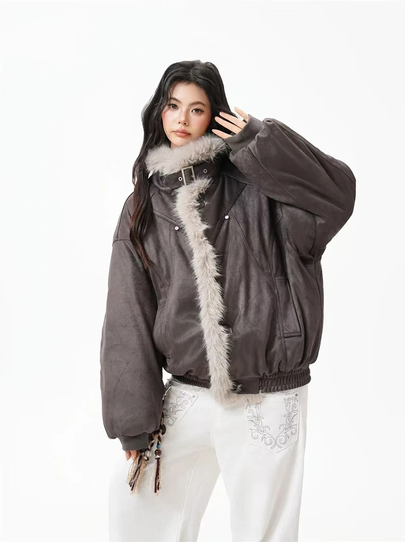 Winter Fur Collar Parkas Women Y2K American Loose Streetwear Fleece Coats Bf Harajuku Single Breasted Warm Outwear New