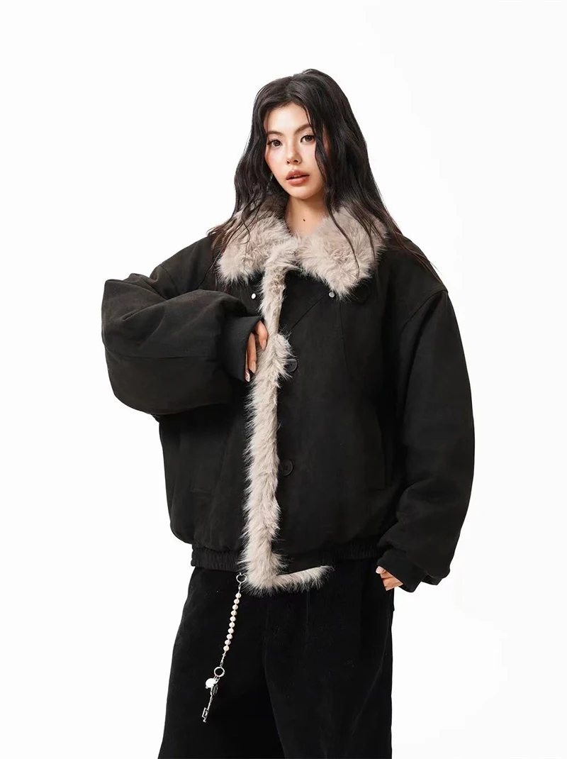 Winter Fur Collar Parkas Women Y2K American Loose Streetwear Fleece Coats Bf Harajuku Single Breasted Warm Outwear New