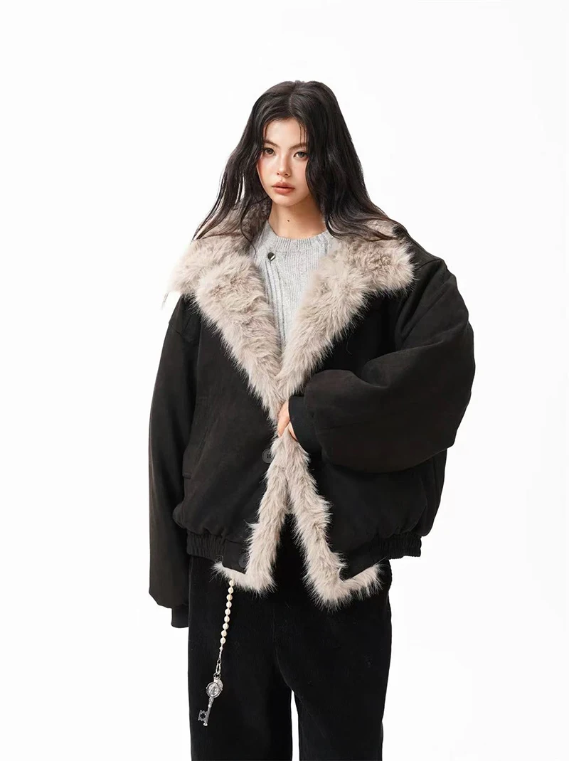 Winter Fur Collar Parkas Women Y2K American Loose Streetwear Fleece Coats Bf Harajuku Single Breasted Warm Outwear New