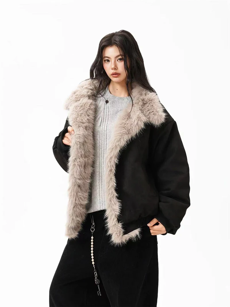 Winter Fur Collar Parkas Women Y2K American Loose Streetwear Fleece Coats Bf Harajuku Single Breasted Warm Outwear New