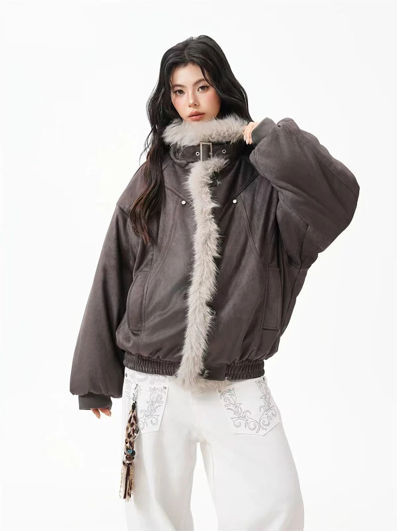 Winter Fur Collar Parkas Women Y2K American Loose Streetwear Fleece Coats Bf Harajuku Single Breasted Warm Outwear New