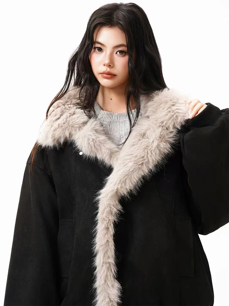 Winter Fur Collar Parkas Women Y2K American Loose Streetwear Fleece Coats Bf Harajuku Single Breasted Warm Outwear New