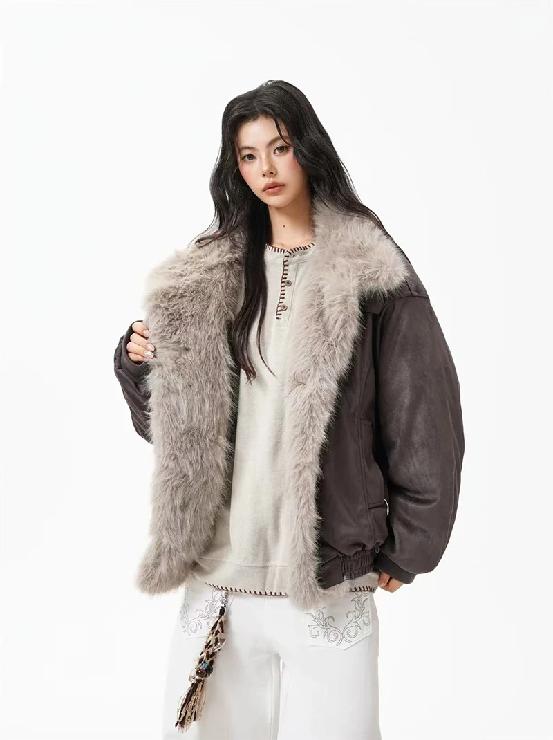 Winter Fur Collar Parkas Women Y2K American Loose Streetwear Fleece Coats Bf Harajuku Single Breasted Warm Outwear New