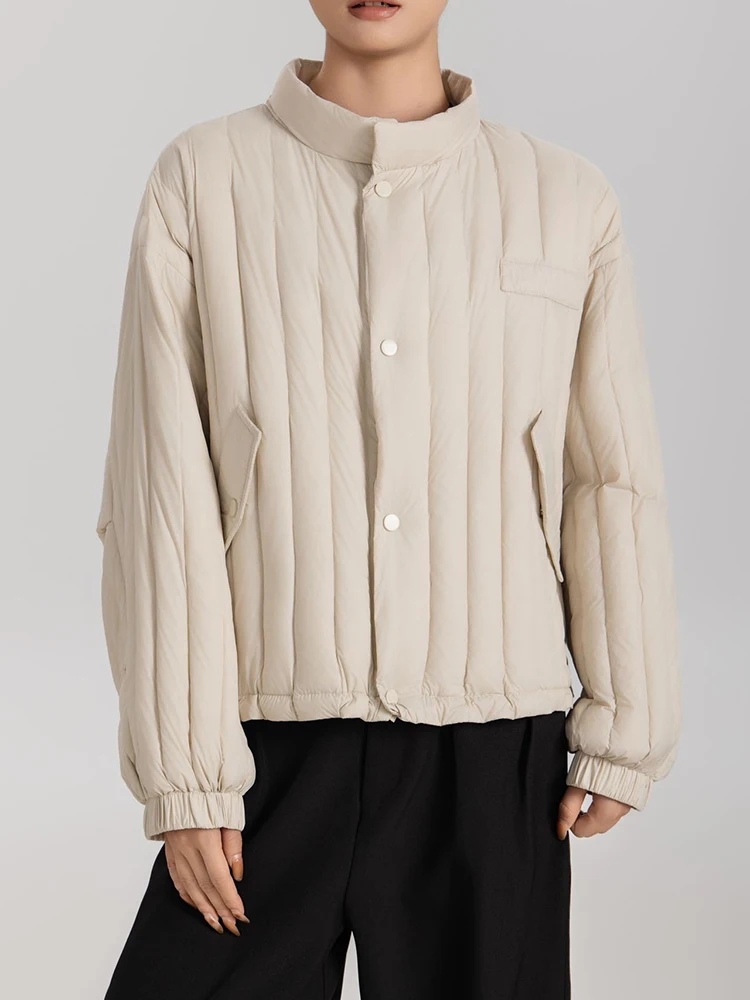 Winter White Duck Down Stand Collar Down Jacket Women Vertical Stripes Vertical Stripes Warm Jacket Female Quilted Parka Outwear