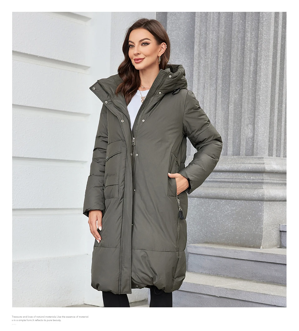 HaiLuoZi 2023 Women Winter Coat Long Thick Parkas Zip Up Warm Female Outwear Slant Pocket Drawstring Hem Women's Jackets 1107