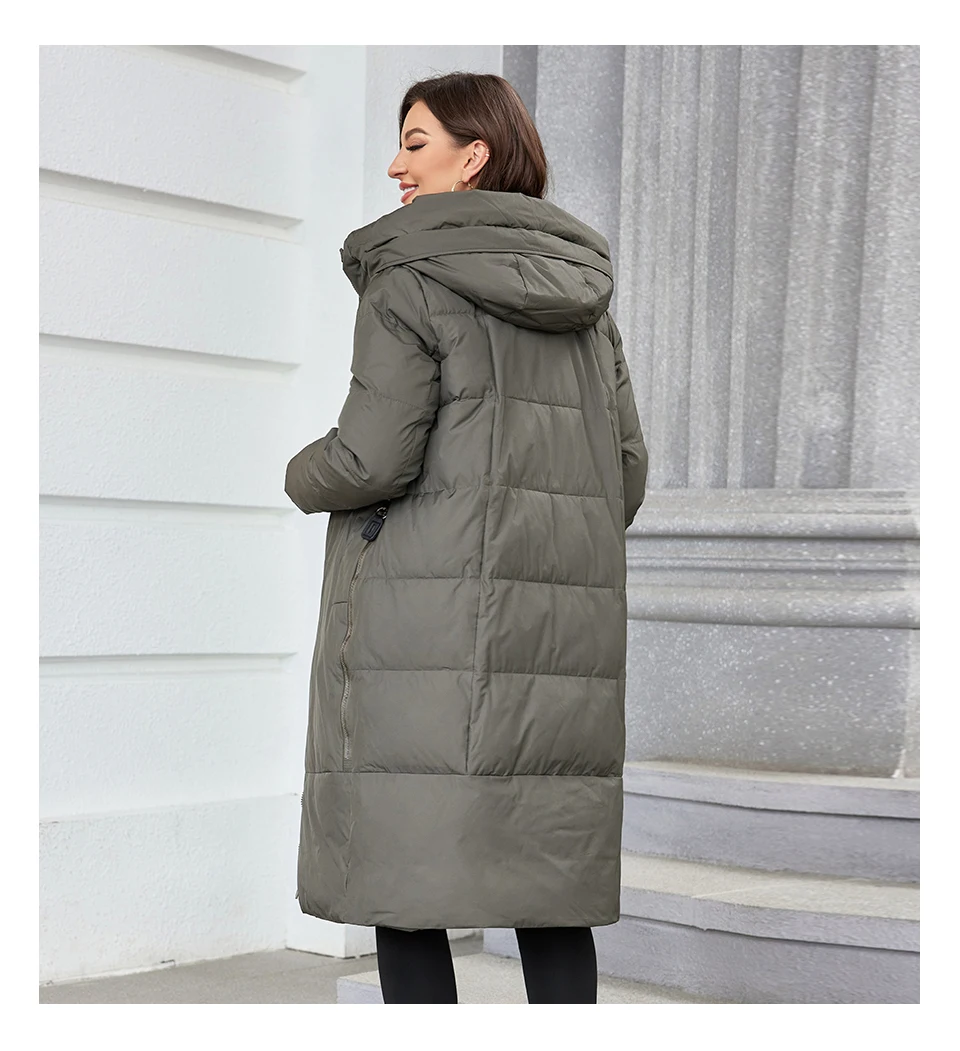 HaiLuoZi 2023 Women Winter Coat Long Thick Parkas Zip Up Warm Female Outwear Slant Pocket Drawstring Hem Women's Jackets 1107
