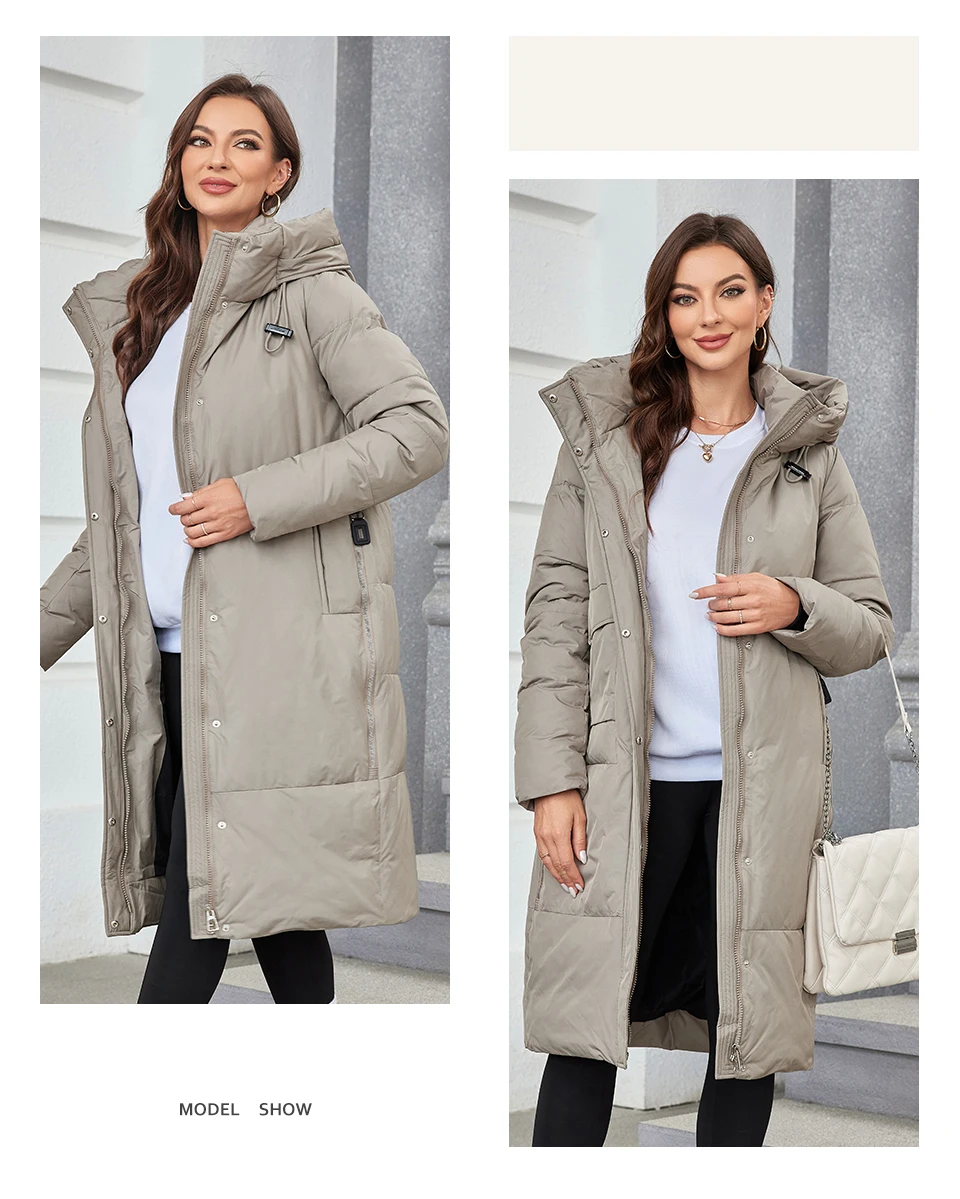 HaiLuoZi 2023 Women Winter Coat Long Thick Parkas Zip Up Warm Female Outwear Slant Pocket Drawstring Hem Women's Jackets 1107