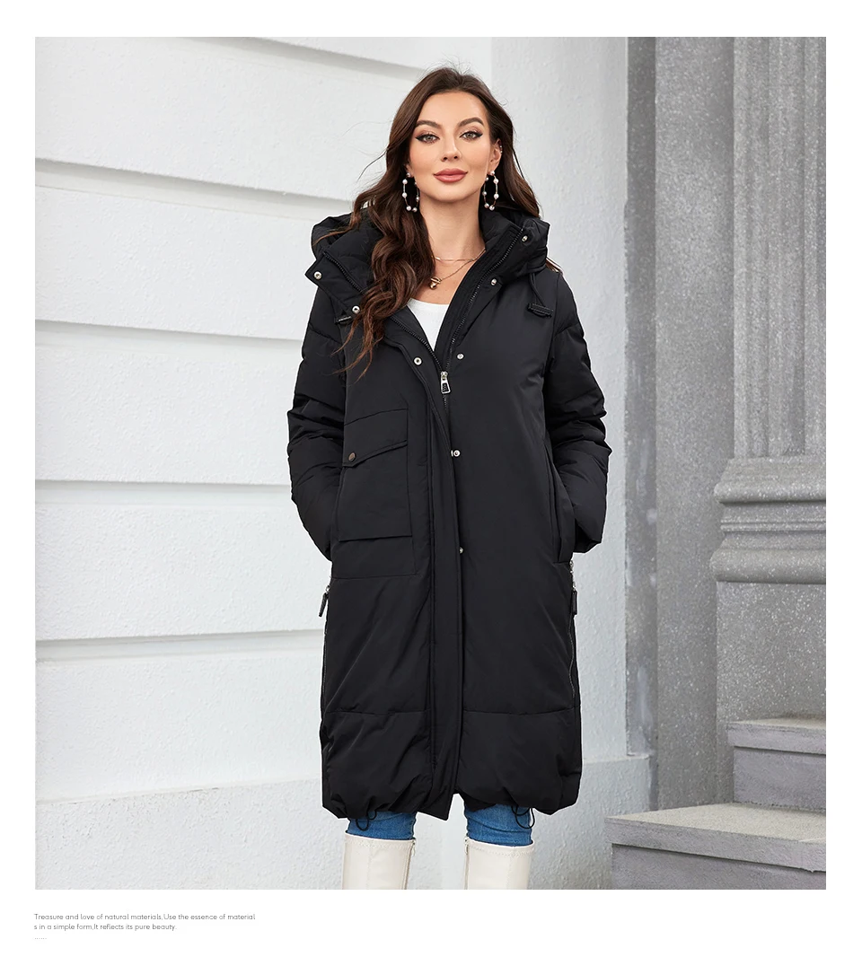 HaiLuoZi 2023 Women Winter Coat Long Thick Parkas Zip Up Warm Female Outwear Slant Pocket Drawstring Hem Women's Jackets 1107