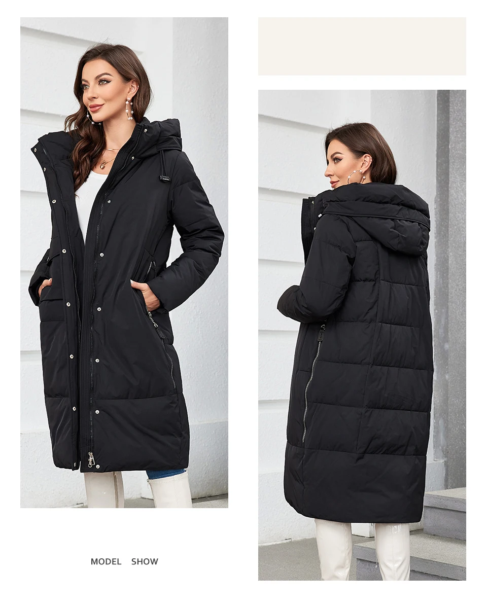 HaiLuoZi 2023 Women Winter Coat Long Thick Parkas Zip Up Warm Female Outwear Slant Pocket Drawstring Hem Women's Jackets 1107