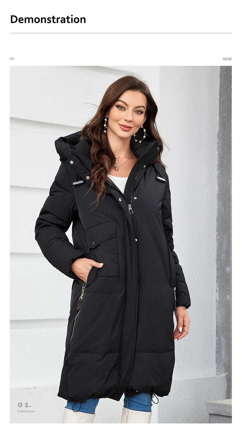 HaiLuoZi 2023 Women Winter Coat Long Thick Parkas Zip Up Warm Female Outwear Slant Pocket Drawstring Hem Women's Jackets 1107
