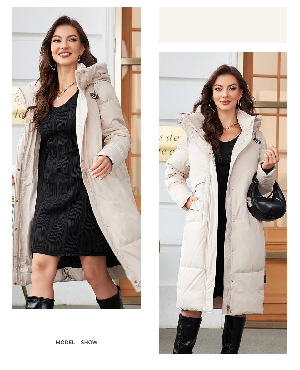 HaiLuoZi 2023 Women Winter Coat Long Thick Parkas Zip Up Warm Female Outwear Slant Pocket Drawstring Hem Women's Jackets 1107