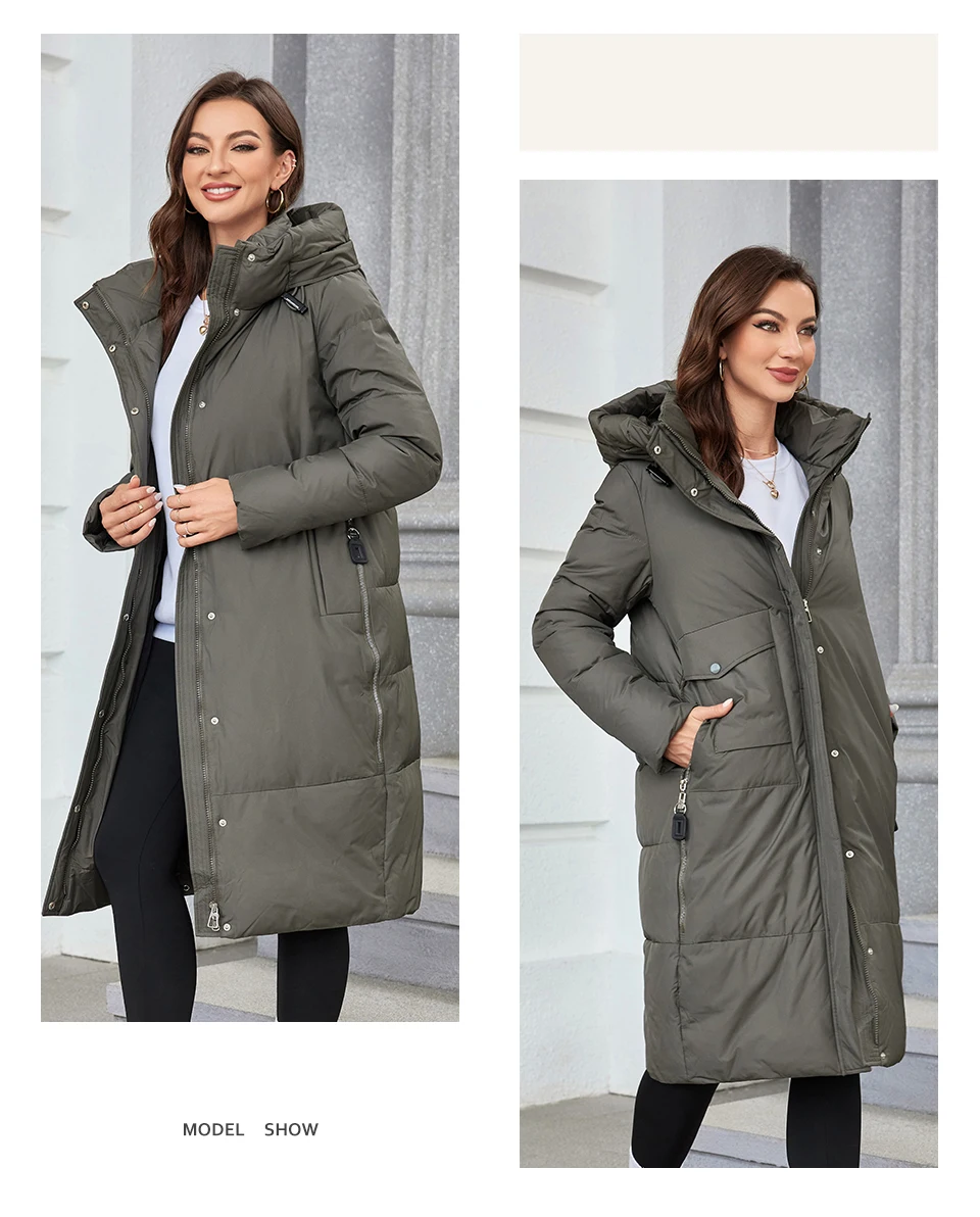 HaiLuoZi 2023 Women Winter Coat Long Thick Parkas Zip Up Warm Female Outwear Slant Pocket Drawstring Hem Women's Jackets 1107