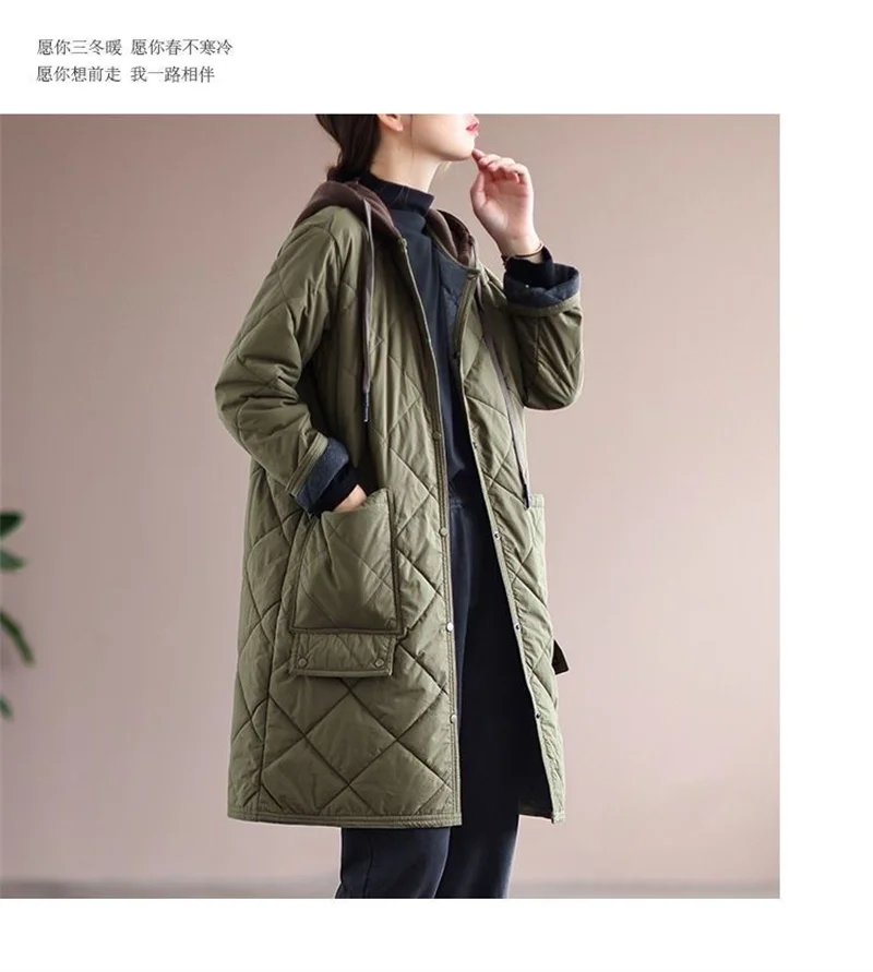 New Autumn Winter Lingge Cotton Jacket Women Hooded Loose Thick Warm Parkas Female Long Sleeve Casual Cotton Padded Outwear Lady