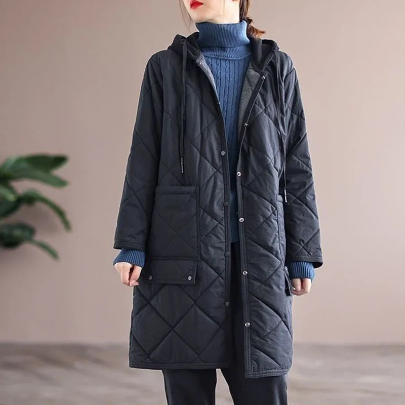 New Autumn Winter Lingge Cotton Jacket Women Hooded Loose Thick Warm Parkas Female Long Sleeve Casual Cotton Padded Outwear Lady