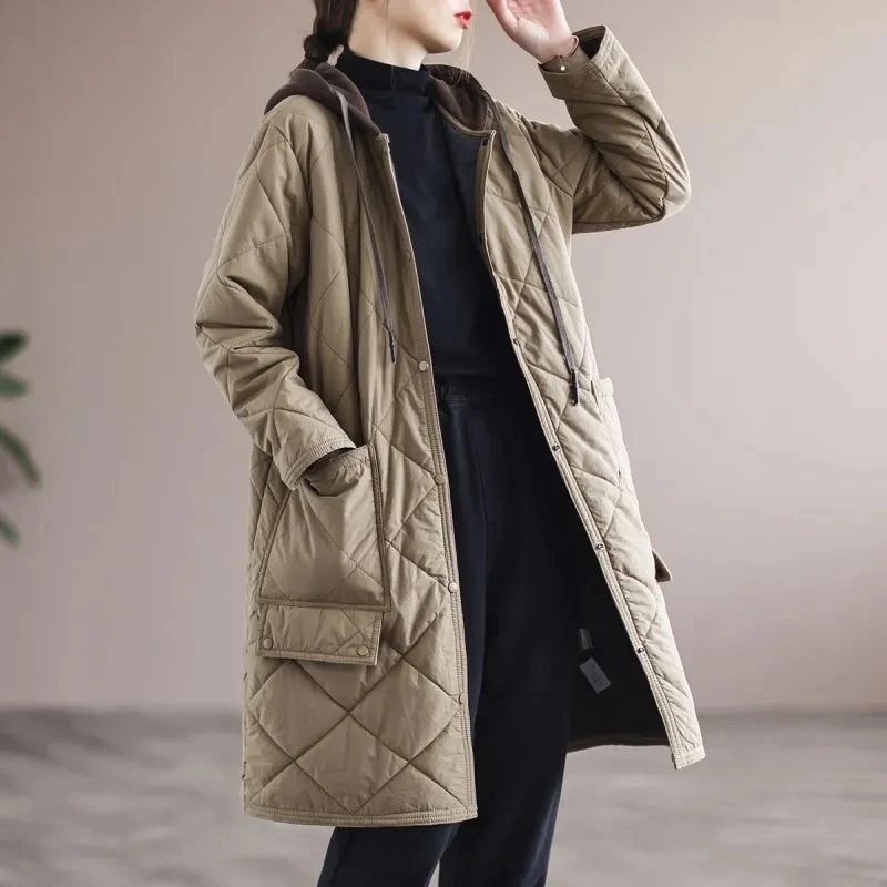 New Autumn Winter Lingge Cotton Jacket Women Hooded Loose Thick Warm Parkas Female Long Sleeve Casual Cotton Padded Outwear Lady