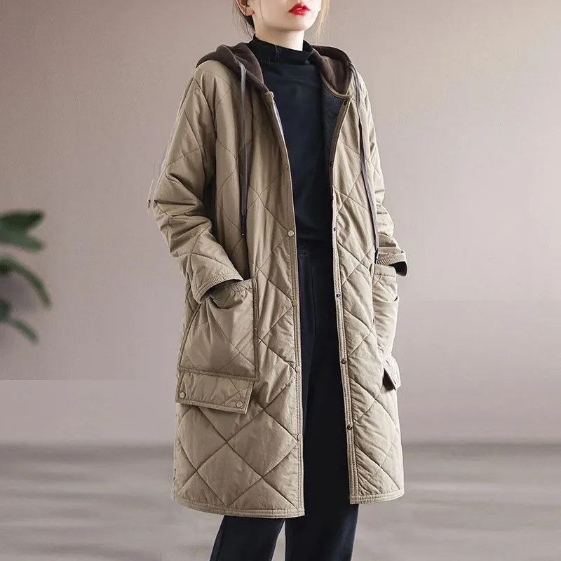 New Autumn Winter Lingge Cotton Jacket Women Hooded Loose Thick Warm Parkas Female Long Sleeve Casual Cotton Padded Outwear Lady