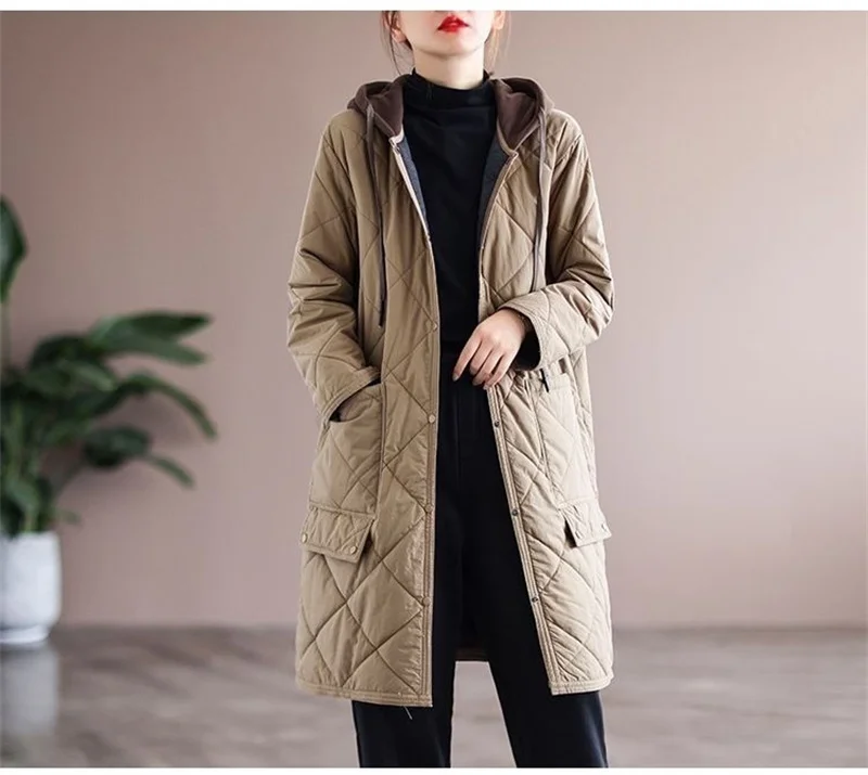 New Autumn Winter Lingge Cotton Jacket Women Hooded Loose Thick Warm Parkas Female Long Sleeve Casual Cotton Padded Outwear Lady