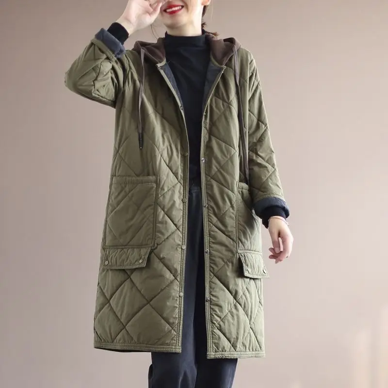 New Autumn Winter Lingge Cotton Jacket Women Hooded Loose Thick Warm Parkas Female Long Sleeve Casual Cotton Padded Outwear Lady