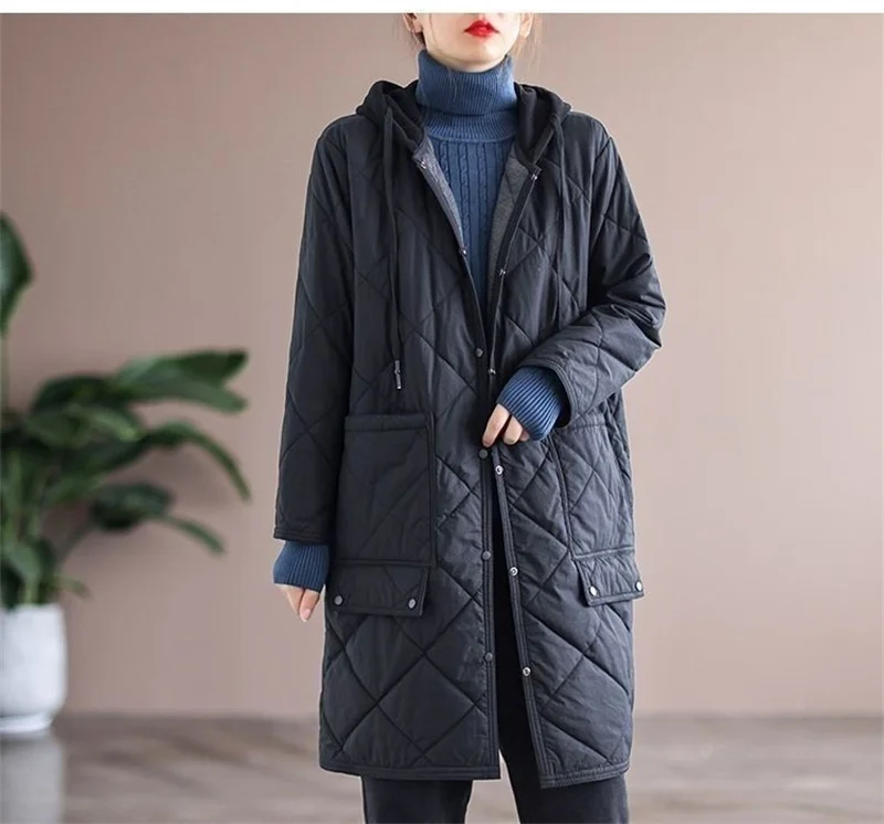 New Autumn Winter Lingge Cotton Jacket Women Hooded Loose Thick Warm Parkas Female Long Sleeve Casual Cotton Padded Outwear Lady