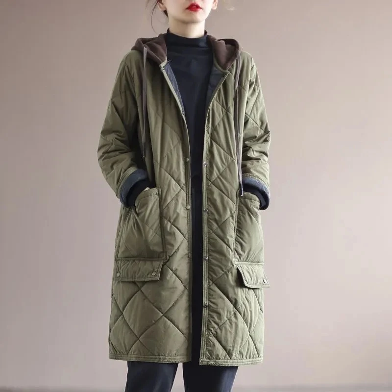 New Autumn Winter Lingge Cotton Jacket Women Hooded Loose Thick Warm Parkas Female Long Sleeve Casual Cotton Padded Outwear Lady