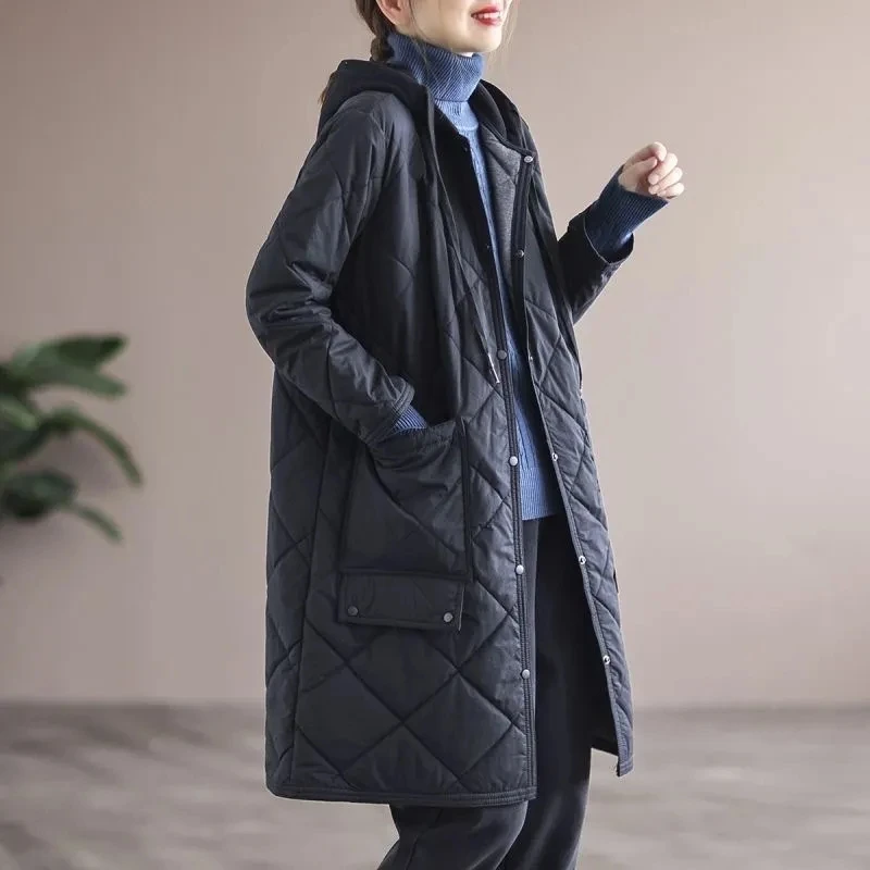 New Autumn Winter Lingge Cotton Jacket Women Hooded Loose Thick Warm Parkas Female Long Sleeve Casual Cotton Padded Outwear Lady