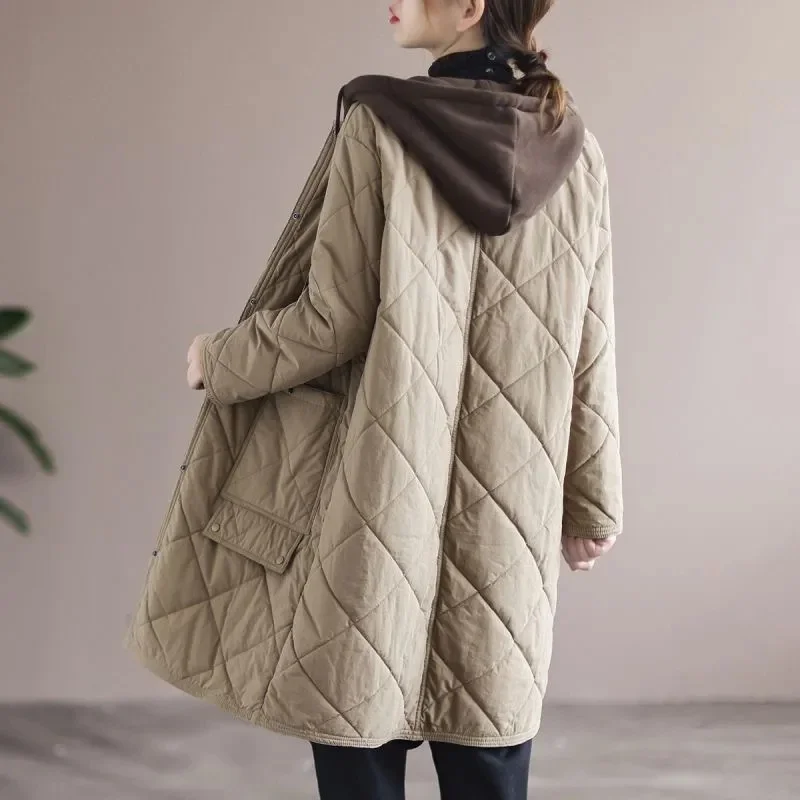 New Autumn Winter Lingge Cotton Jacket Women Hooded Loose Thick Warm Parkas Female Long Sleeve Casual Cotton Padded Outwear Lady