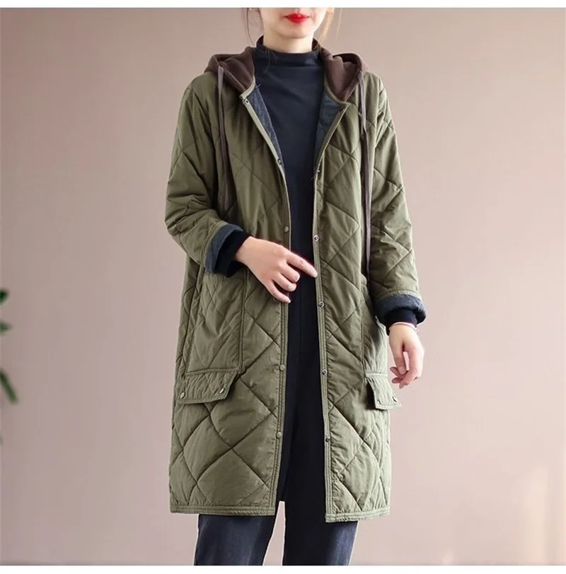 New Autumn Winter Lingge Cotton Jacket Women Hooded Loose Thick Warm Parkas Female Long Sleeve Casual Cotton Padded Outwear Lady