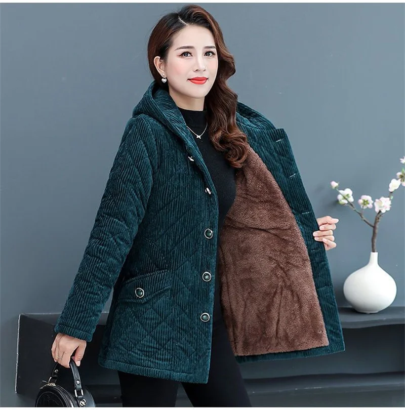 2026New Autumn Winter With Velvet Cotton-padded Jacket Women Mid-Aged Mother Hooded Floral  Plus Velvet Warm Parkas Coat Female