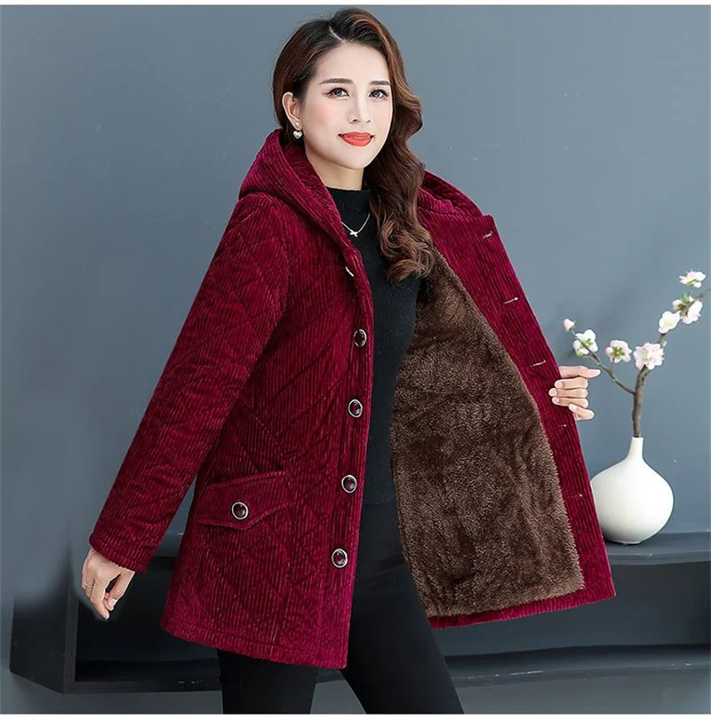 2026New Autumn Winter With Velvet Cotton-padded Jacket Women Mid-Aged Mother Hooded Floral  Plus Velvet Warm Parkas Coat Female