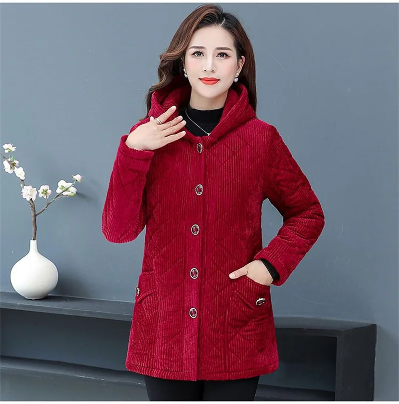 2026New Autumn Winter With Velvet Cotton-padded Jacket Women Mid-Aged Mother Hooded Floral  Plus Velvet Warm Parkas Coat Female