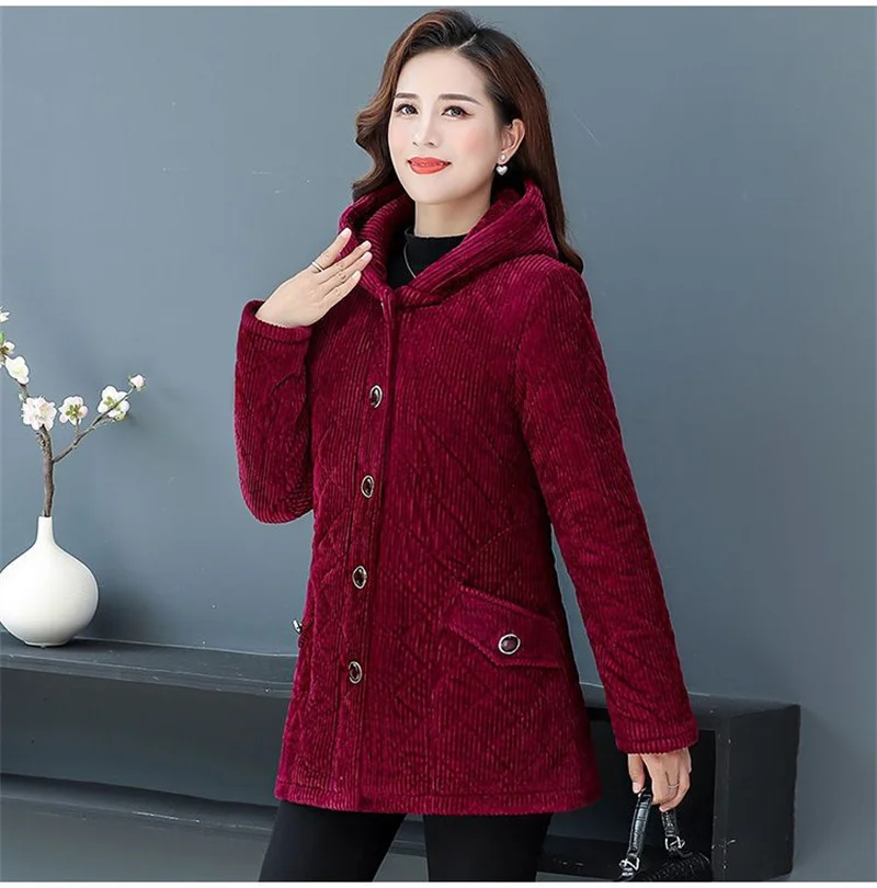 2026New Autumn Winter With Velvet Cotton-padded Jacket Women Mid-Aged Mother Hooded Floral  Plus Velvet Warm Parkas Coat Female