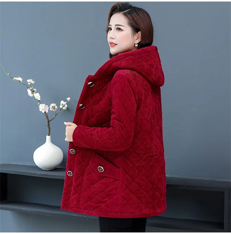 2026New Autumn Winter With Velvet Cotton-padded Jacket Women Mid-Aged Mother Hooded Floral  Plus Velvet Warm Parkas Coat Female