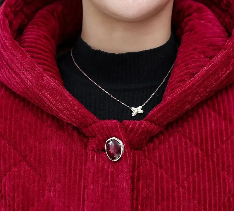 2026New Autumn Winter With Velvet Cotton-padded Jacket Women Mid-Aged Mother Hooded Floral  Plus Velvet Warm Parkas Coat Female
