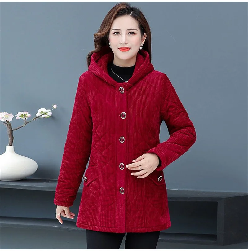 2026New Autumn Winter With Velvet Cotton-padded Jacket Women Mid-Aged Mother Hooded Floral  Plus Velvet Warm Parkas Coat Female