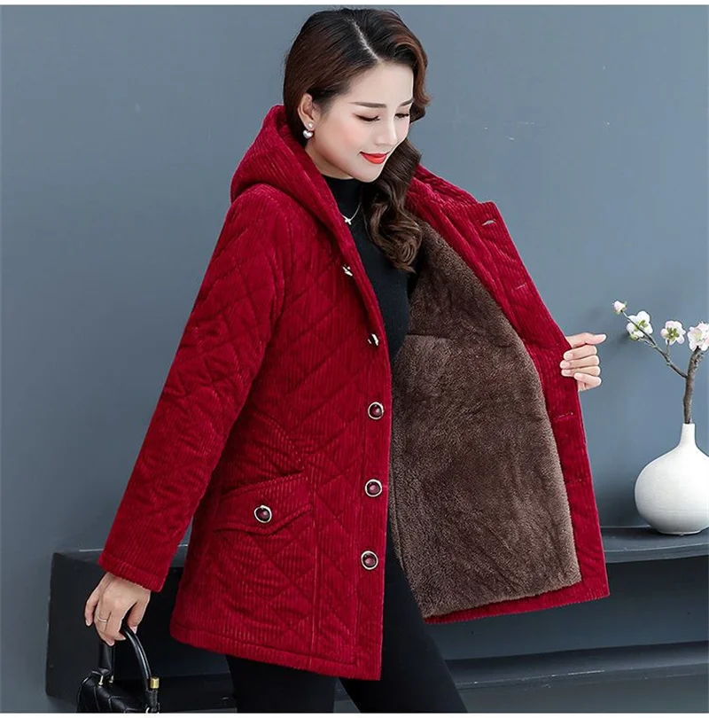 2026New Autumn Winter With Velvet Cotton-padded Jacket Women Mid-Aged Mother Hooded Floral  Plus Velvet Warm Parkas Coat Female