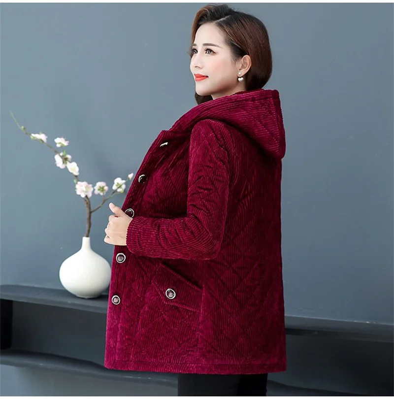 2026New Autumn Winter With Velvet Cotton-padded Jacket Women Mid-Aged Mother Hooded Floral  Plus Velvet Warm Parkas Coat Female