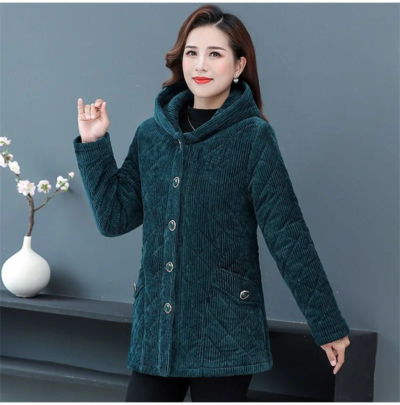 2026New Autumn Winter With Velvet Cotton-padded Jacket Women Mid-Aged Mother Hooded Floral  Plus Velvet Warm Parkas Coat Female