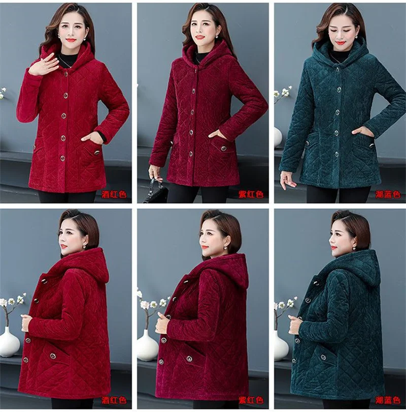 2026New Autumn Winter With Velvet Cotton-padded Jacket Women Mid-Aged Mother Hooded Floral  Plus Velvet Warm Parkas Coat Female