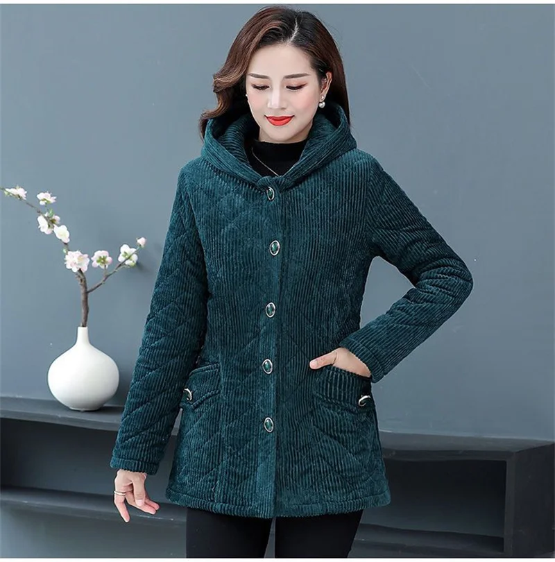 2026New Autumn Winter With Velvet Cotton-padded Jacket Women Mid-Aged Mother Hooded Floral  Plus Velvet Warm Parkas Coat Female