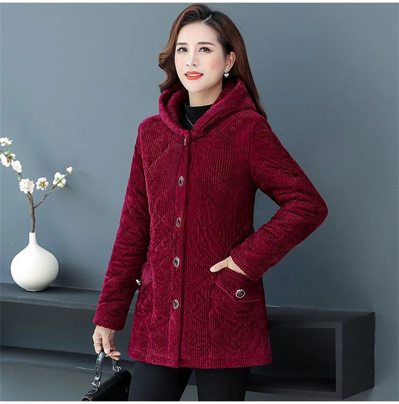 2026New Autumn Winter With Velvet Cotton-padded Jacket Women Mid-Aged Mother Hooded Floral  Plus Velvet Warm Parkas Coat Female