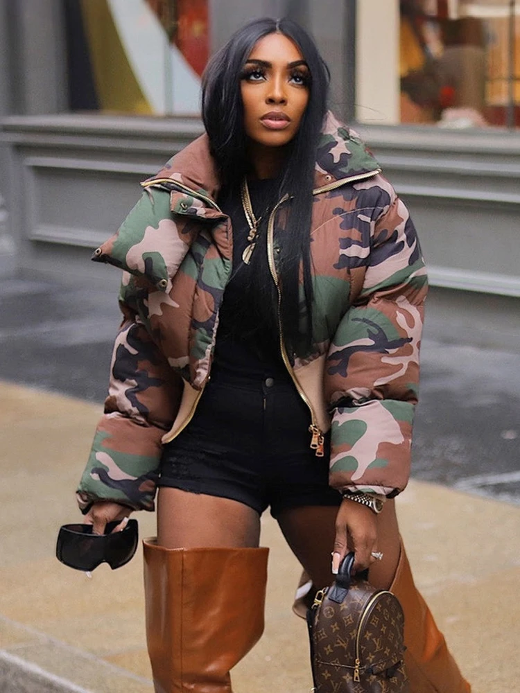 DEAT Fashion Women's Cotton-padded Coat Lapel Loose Zipper Camouflage Thick Warm Short Quilted Jacket Winter 2024 New 7AB6176